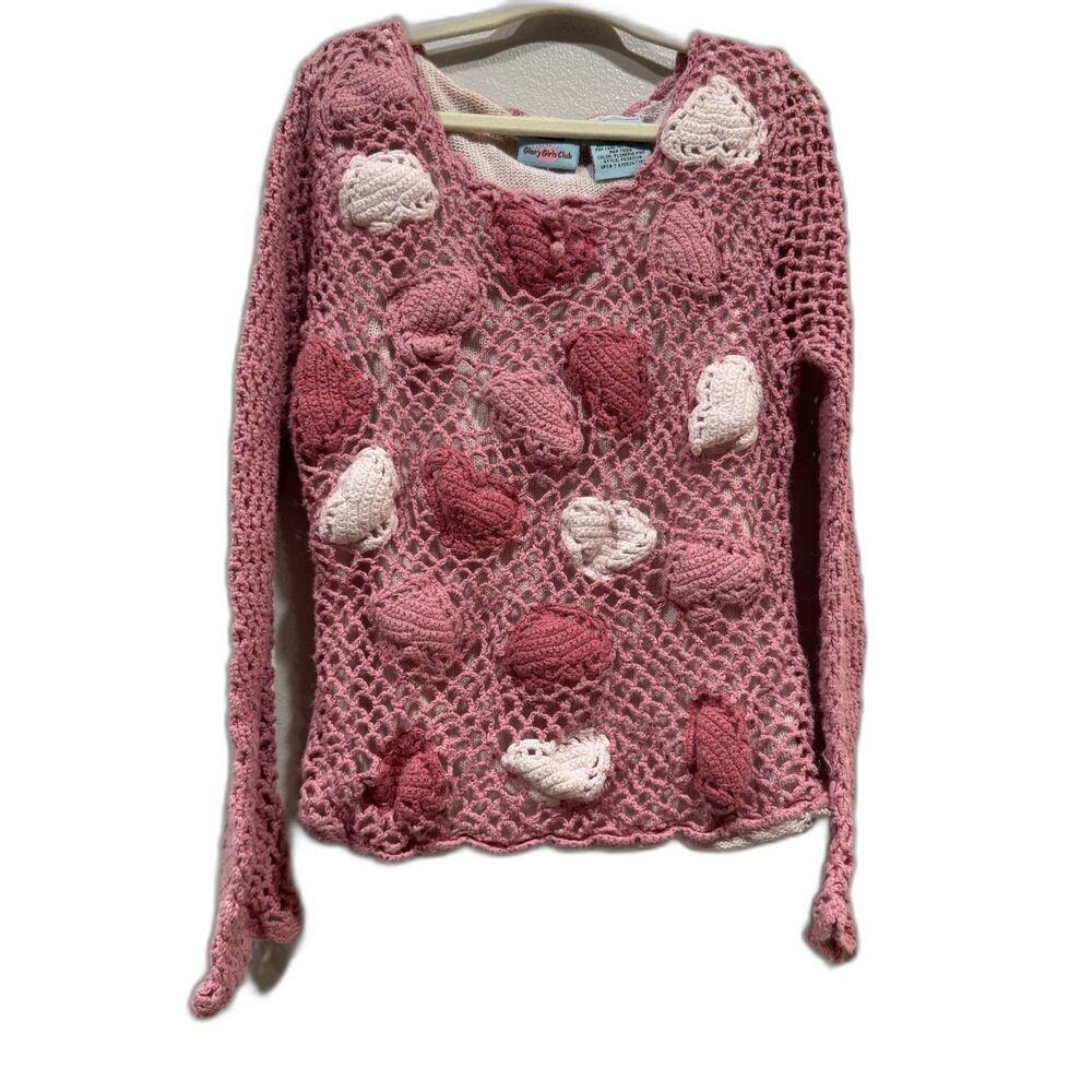 Vintage Faded Glory Girls Crochet Heart Valentines Top Pink Cotton Girls sz 8